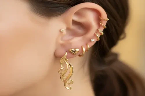 Inspirações de brincos ouro 18k segundo furo em camadas de orelha